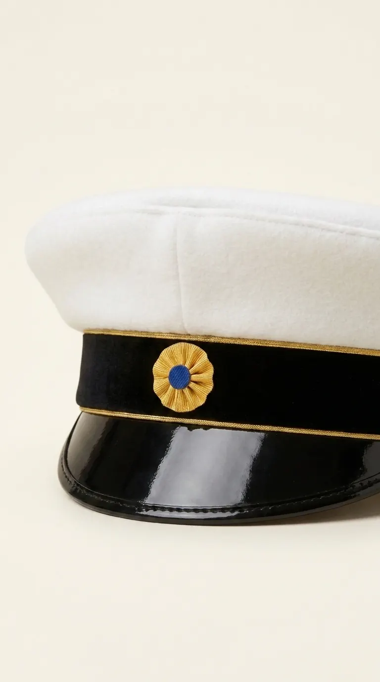Närbild på studentmössans sammetsband, guldkant och kokard
