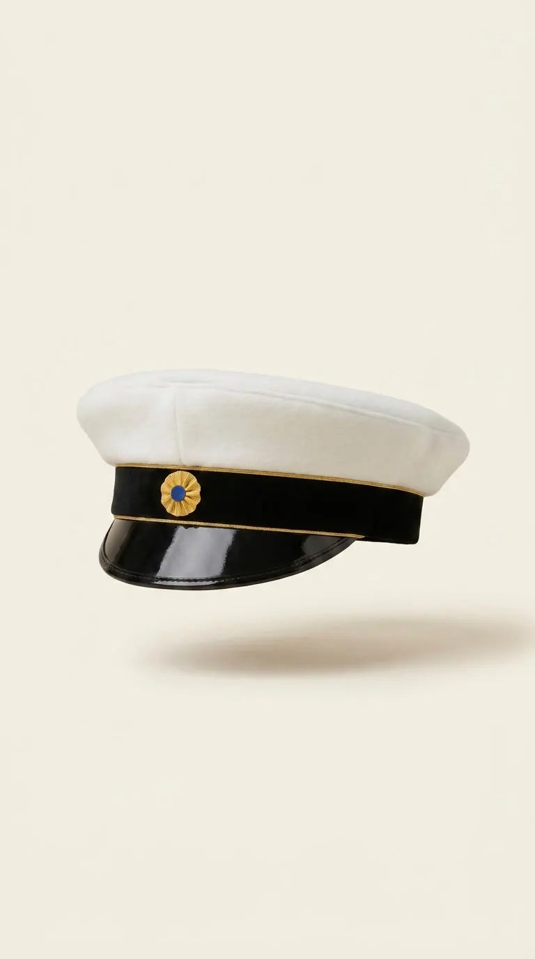 Svensk studentmössa i vinklad vy med vit kulle och svart sammetsband